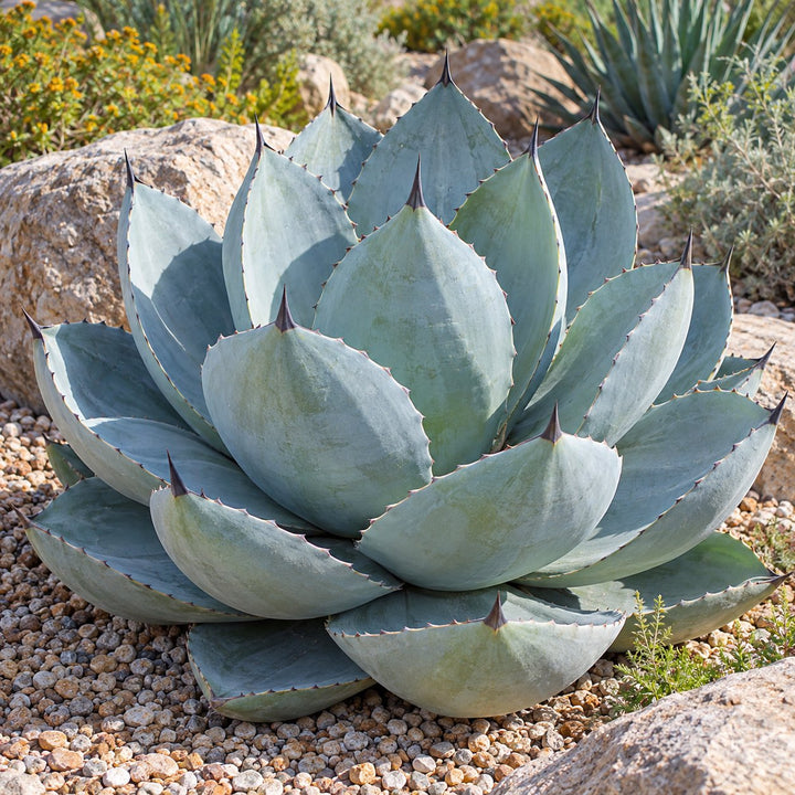 Frosty Blue whale's tongue agave with broad powder-blue leaves in gravel