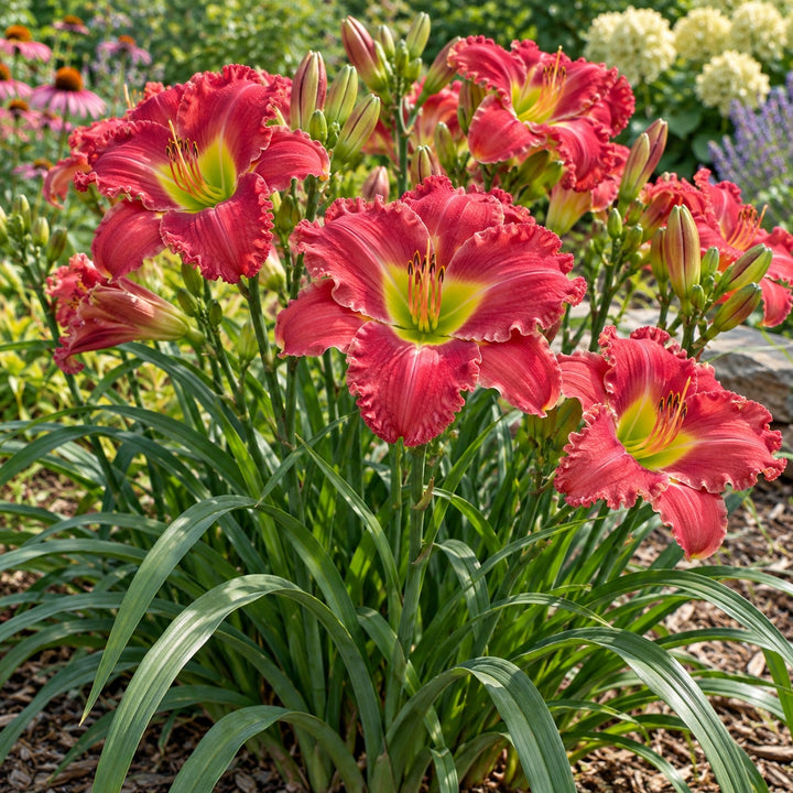 Funny Valentine daylily with ruffled rosy red blooms and green throats