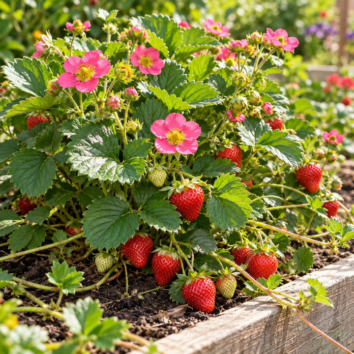 Gasana strawberry with pink flowers and ripe red berries in a raised bed