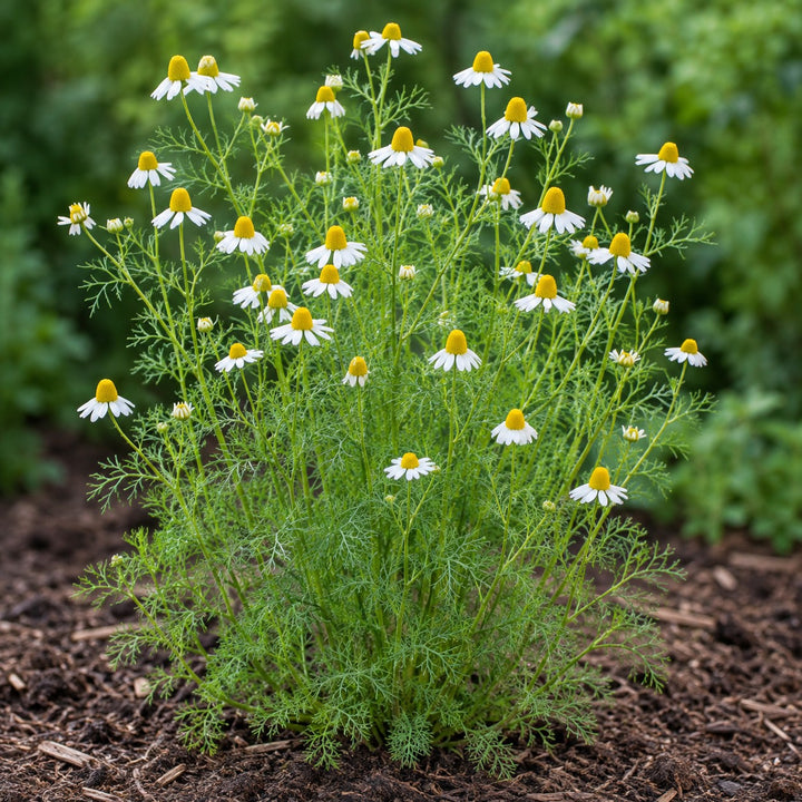 German Chamomile (Matricaria chamomilla) herb plant growing in a garden bed