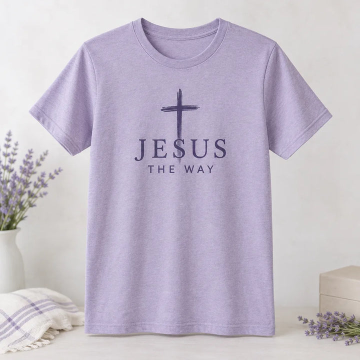 Jesus The Way T-Shirt, lavender tee with a purple cross and JESUS THE WAY text