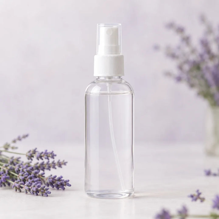 Lavender Face Mist, clear fine-mist spray bottle with lavender sprigs