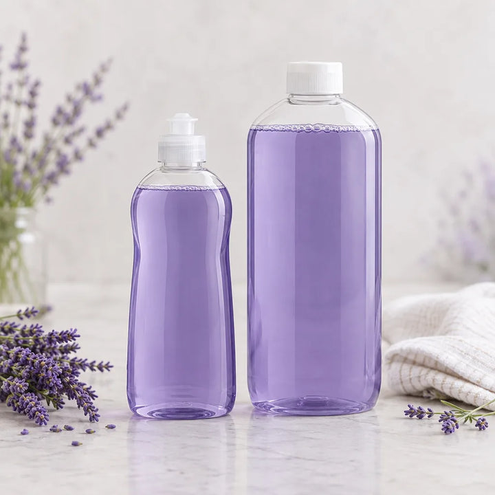Lavender Fields Dish Soap, purple soap in a 16 oz squeeze bottle and a refill bottle with lavender
