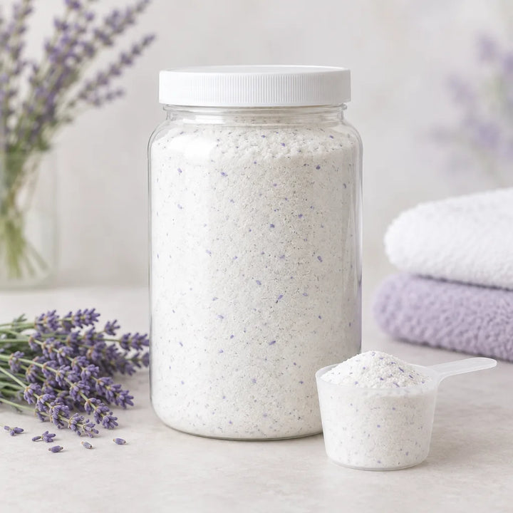 Lavender Fields Laundry Detergent Powder in a clear jar with a measuring scoop, folded towels and lavender