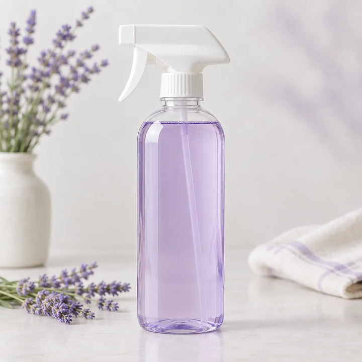 Lavender Fields Multi-Purpose Cleaner in a clear spray bottle of light purple liquid with lavender and a towel
