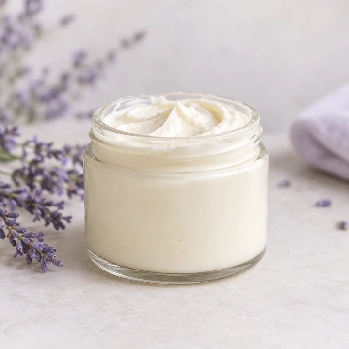 Lavender Fields Shea Butter, whipped cream in an open glass jar with lavender sprigs
