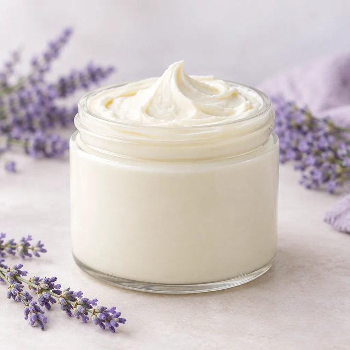 Lavender Lake Erie Body Butter, whipped cream in an open glass jar with lavender sprigs