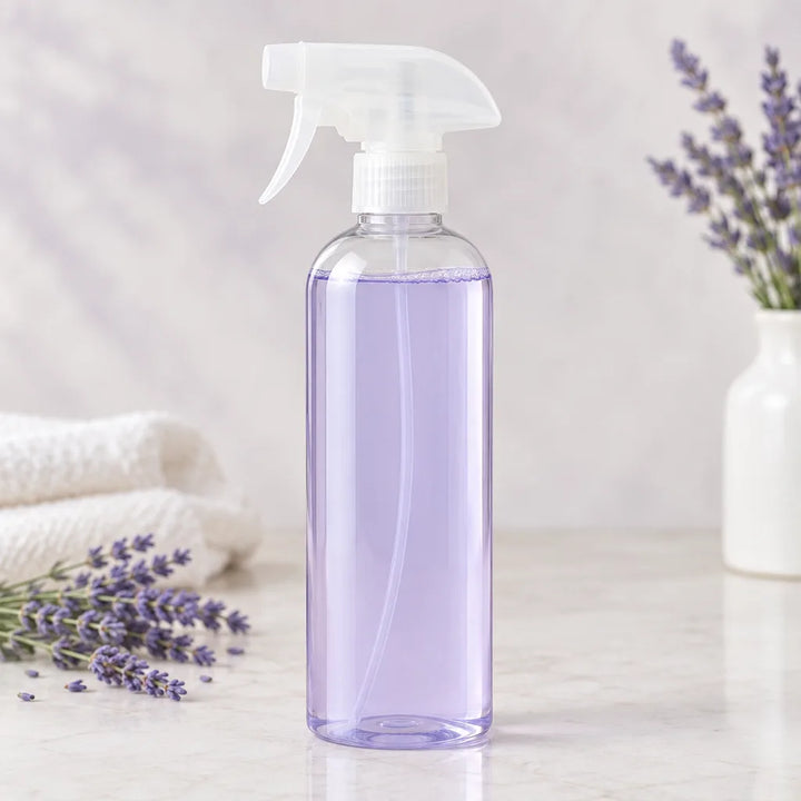 Lavender Lake Erie Multi-Purpose Cleaner in a clear spray bottle of pale purple liquid with lavender and white towels