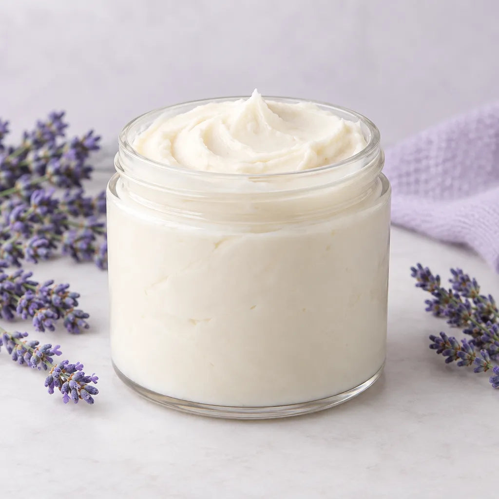 Lavender Lake Ontario Body Butter, whipped cream in an open glass jar with lavender sprigs