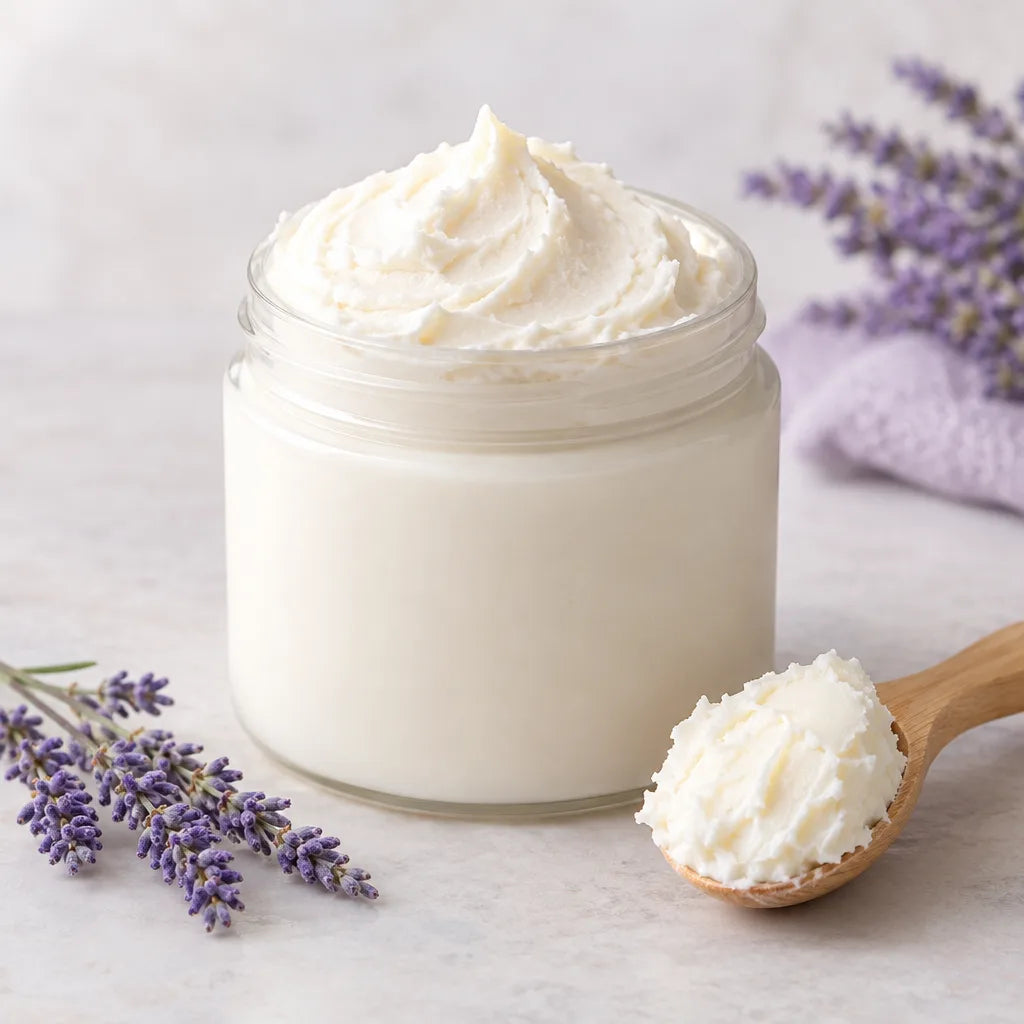 Lavender Lake Superior Body Butter in an open glass jar with a wooden spoon of whipped butter and lavender
