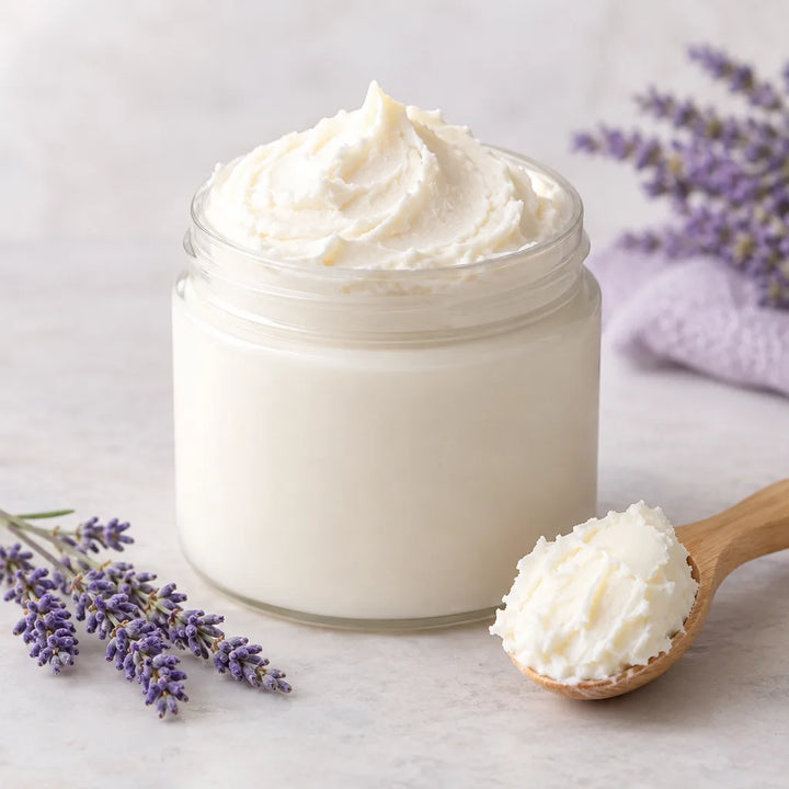 Lavender Lake Superior Body Butter in an open glass jar with a wooden spoon of whipped butter and lavender