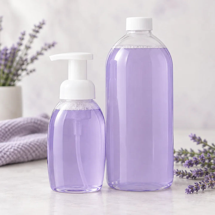Lavender Lake Superior Foaming Hand Soap, purple foaming pump bottle and refill bottle