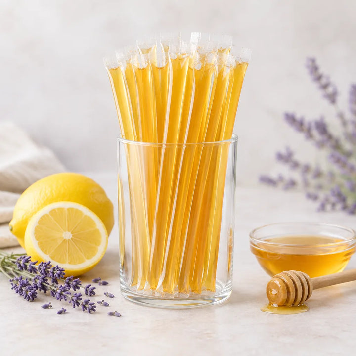 Lavender Lemon Honey Sticks standing in a glass beside a halved lemon, a honey dish and lavender
