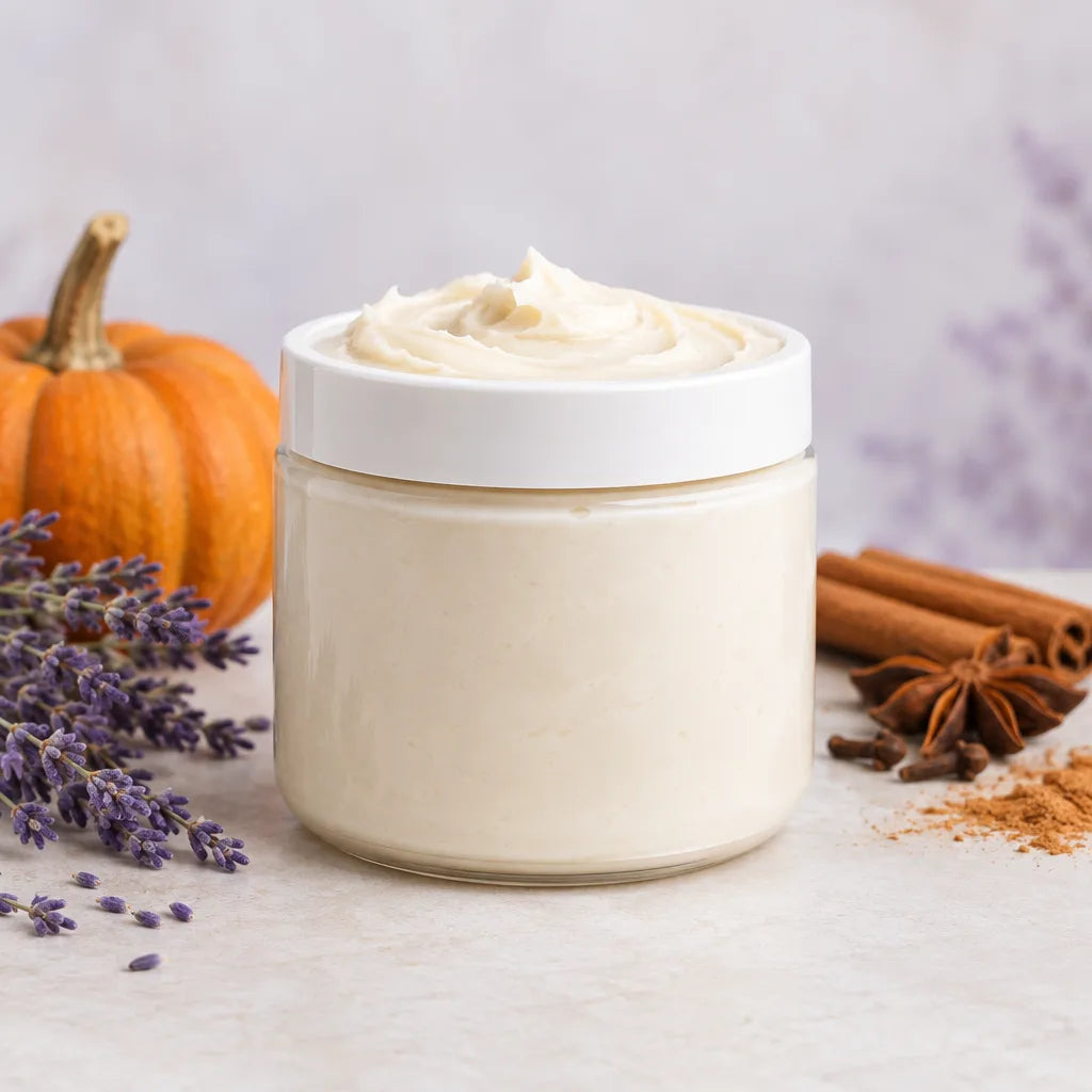 Lavender Pumpkin Spice Body Butter in a glass jar with a pumpkin, cinnamon sticks, star anise and lavender
