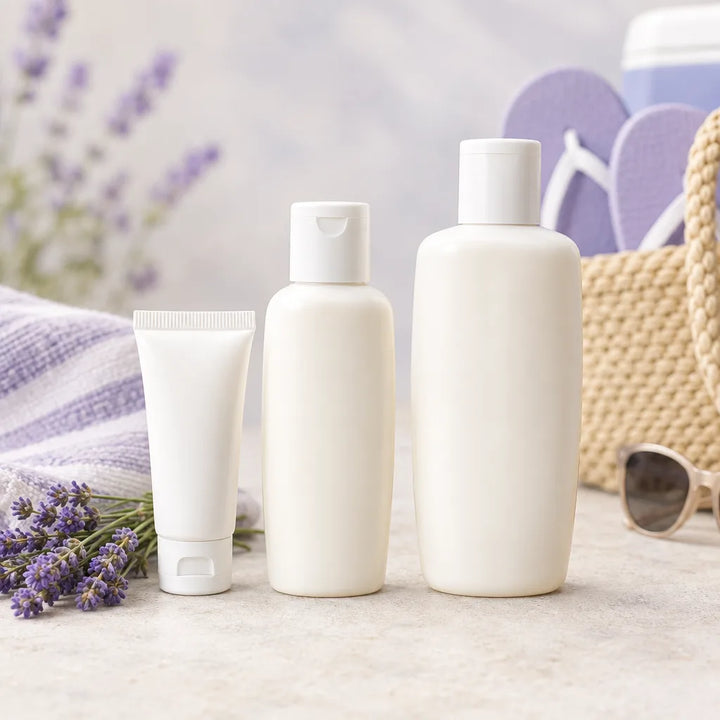 Lavender Sun Shield Lotion in white bottles and a tube with lavender, a beach bag, sandals and sunglasses