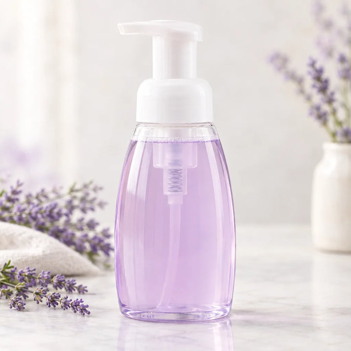 Lavender Sweet Romance Foaming Hand Soap, light purple soap in a foaming pump bottle with lavender
