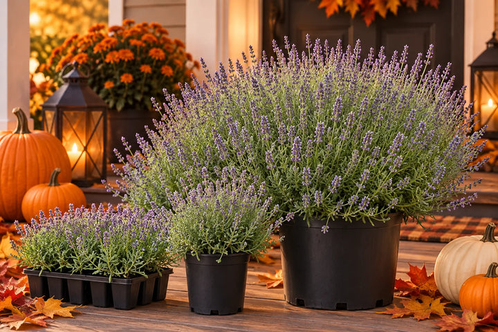 Riverina Thomas lavender in pots and a plug tray with pumpkins and lanterns in a fall display, illustration