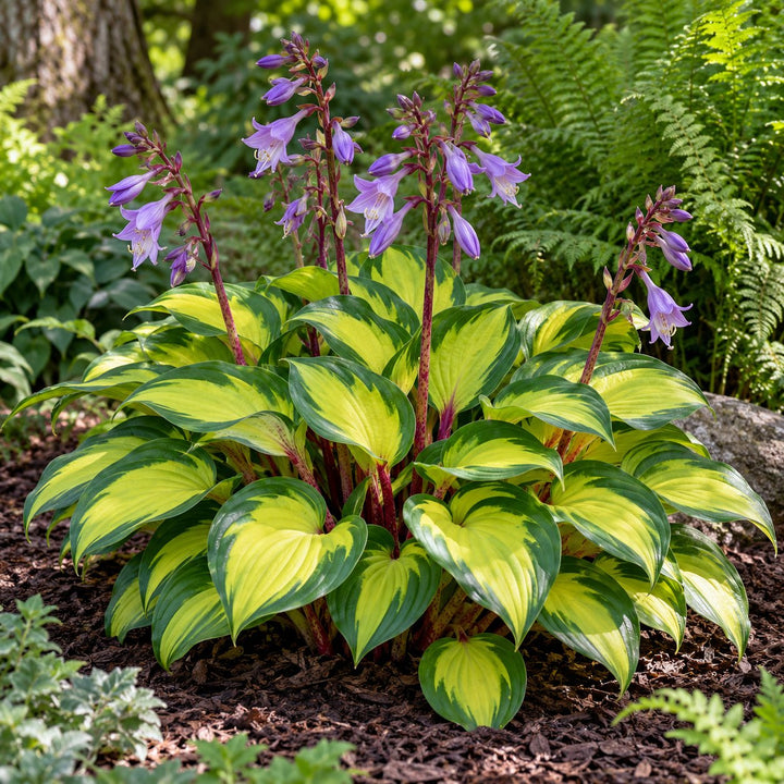 Island Breeze hosta with gold-centered leaves on red stems and purple flower spikes