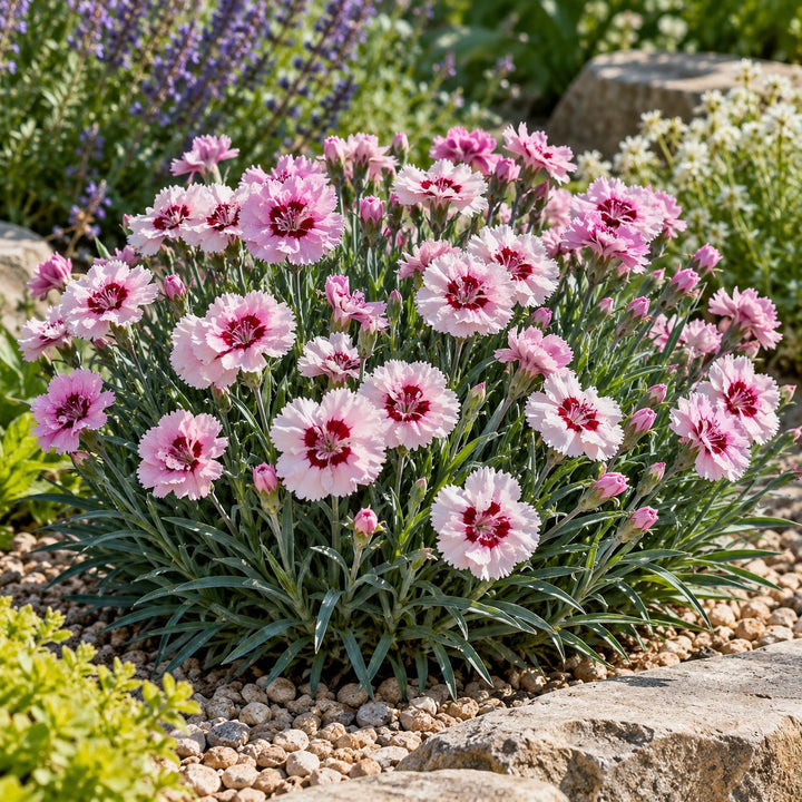 Kiss and Tell dianthus with pale pink flowers and red eyes by stone edging