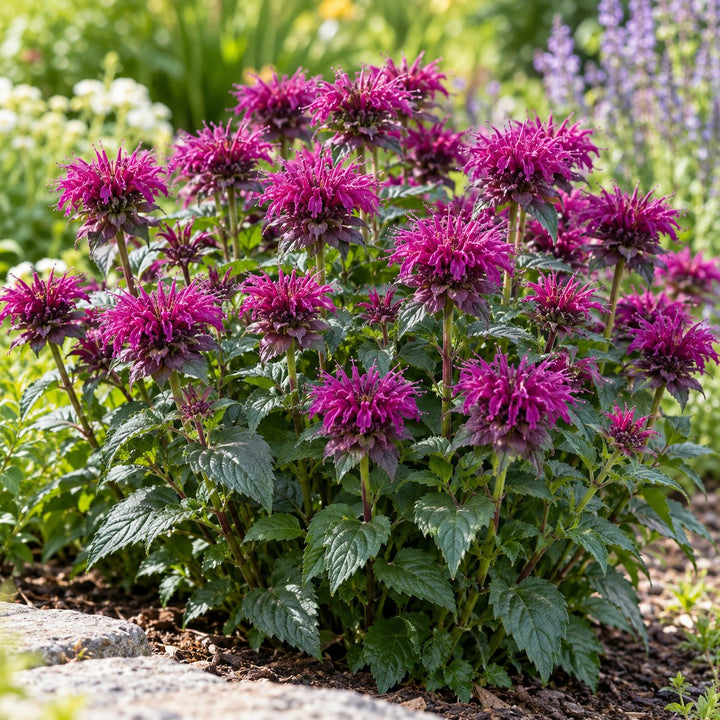 Leading Lady Plum bee balm (Monarda) with plum-purple shaggy blooms in a mulched bed