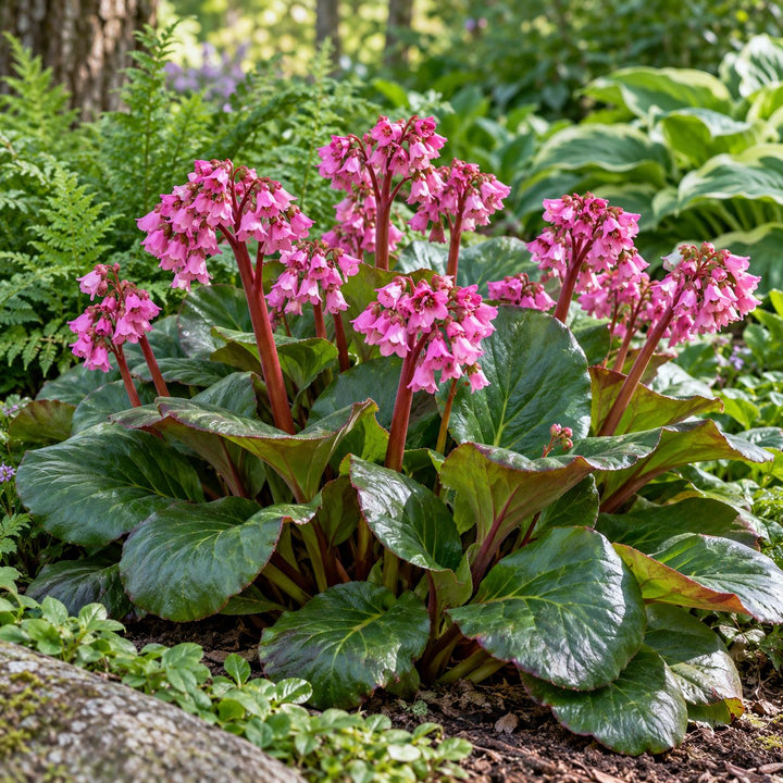 Miss Piggy bergenia with hot pink flowers on red stems in a shade garden