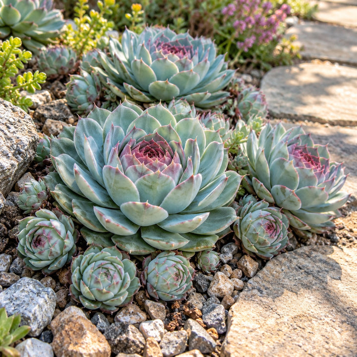 Pacific Blue Ice hen and chicks with icy blue-green rosettes and pink centers in gravel