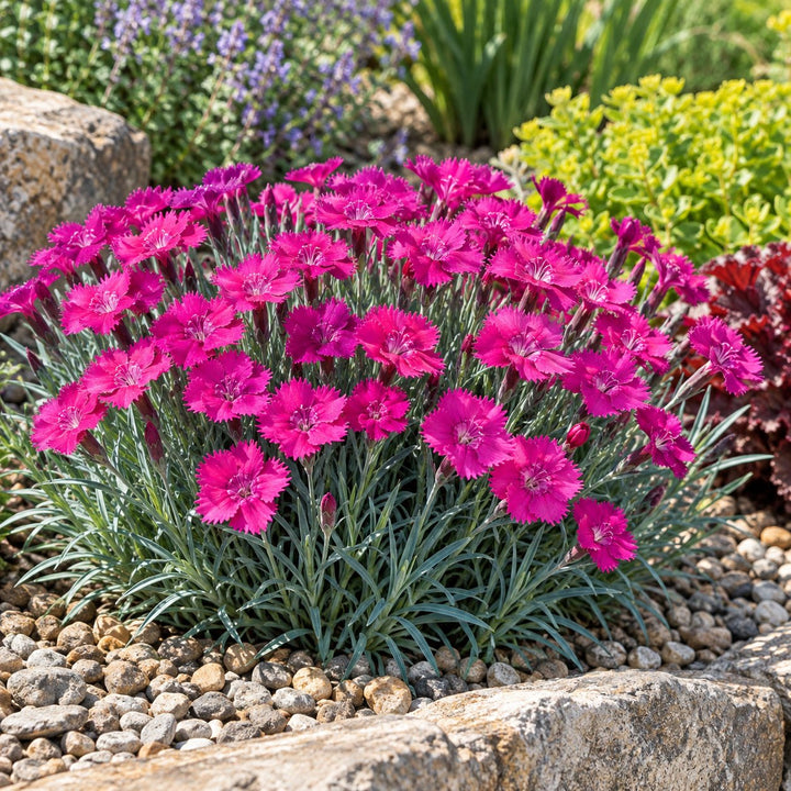 Paint the Town Magenta dianthus with magenta flowers over blue-green foliage by stone edging