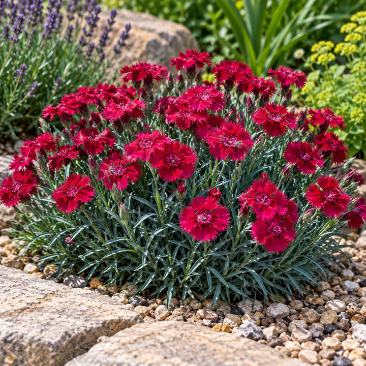 Paint the Town Red dianthus with deep red flowers over blue-green foliage by stone edging