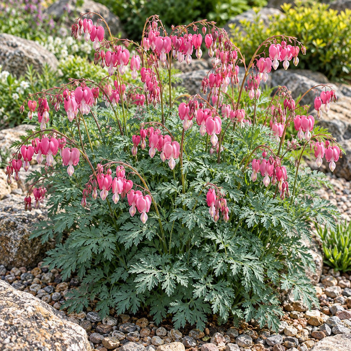 Passion Hearts fernleaf bleeding heart with pink heart-shaped flowers over ferny foliage