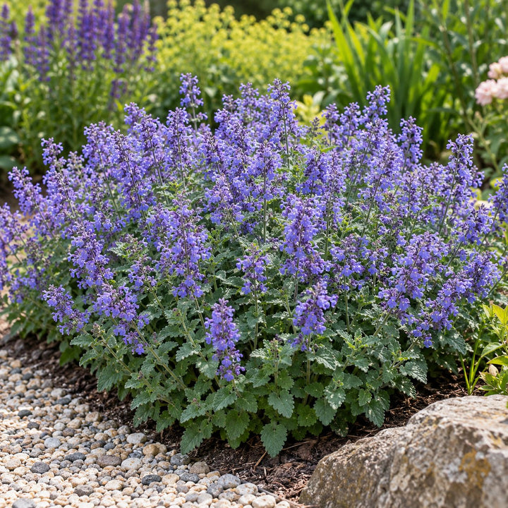 Picture Purrfect catmint (Nepeta) with violet-blue blooms over gray-green leaves by a rock