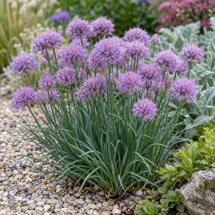 Pincushion ornamental onion with lavender globes over blue-green leaves in gravel