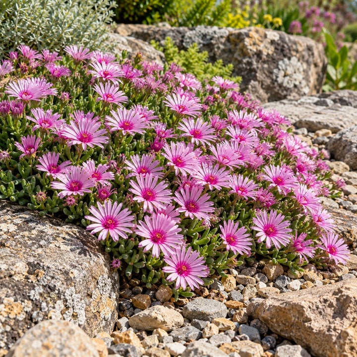Pink Radiance ice plant (Delosperma) with pink flowers and white centers in a rock garden