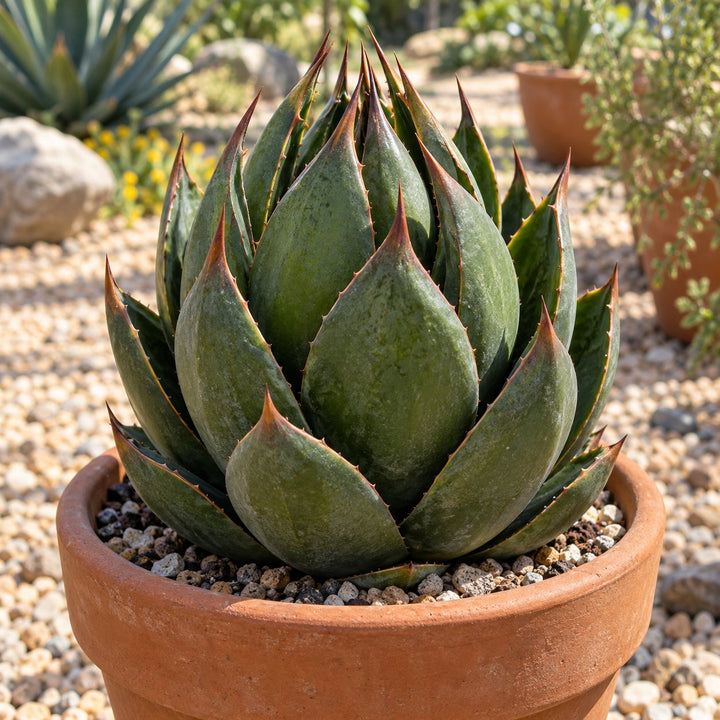 Praying Hands mangave with upright cupped green leaves in a terracotta pot