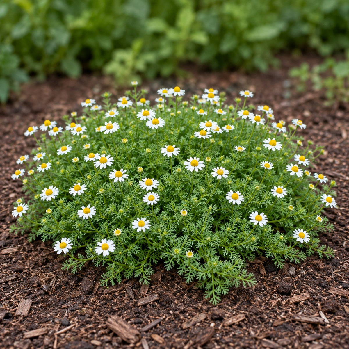 Roman Chamomile (Chamaemelum nobile) herb plant growing in a garden bed