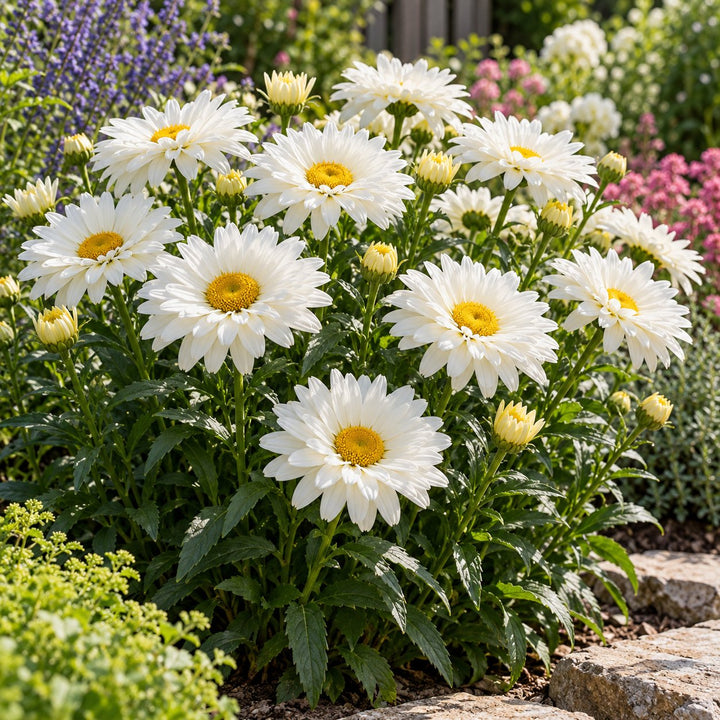 Seventh Heaven Shasta daisy (Leucanthemum) with large white blooms and plump buds