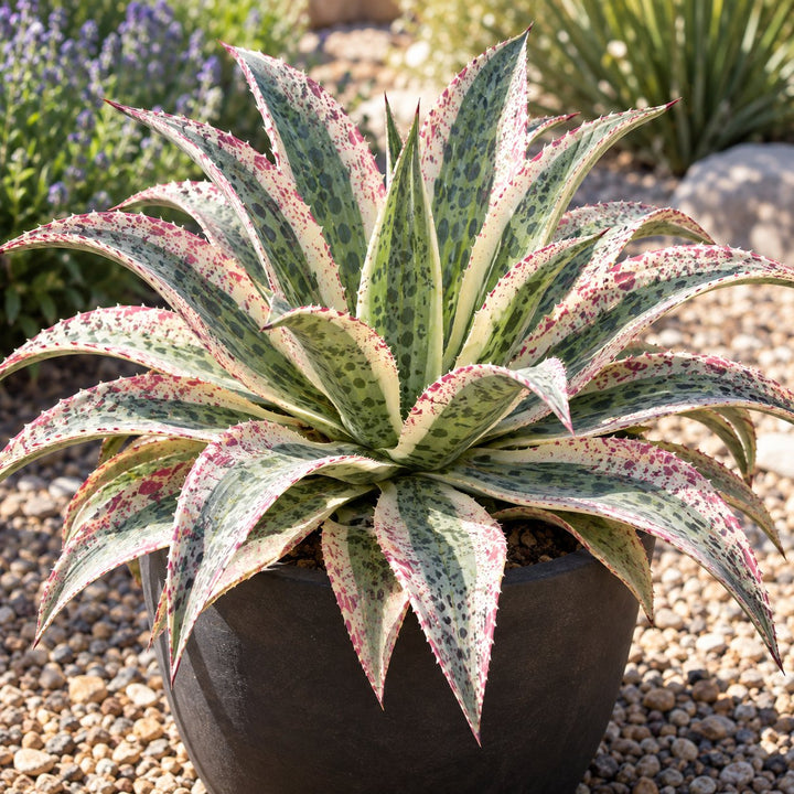 Snow Leopard mangave with cream and green leaves dotted pink in a black pot