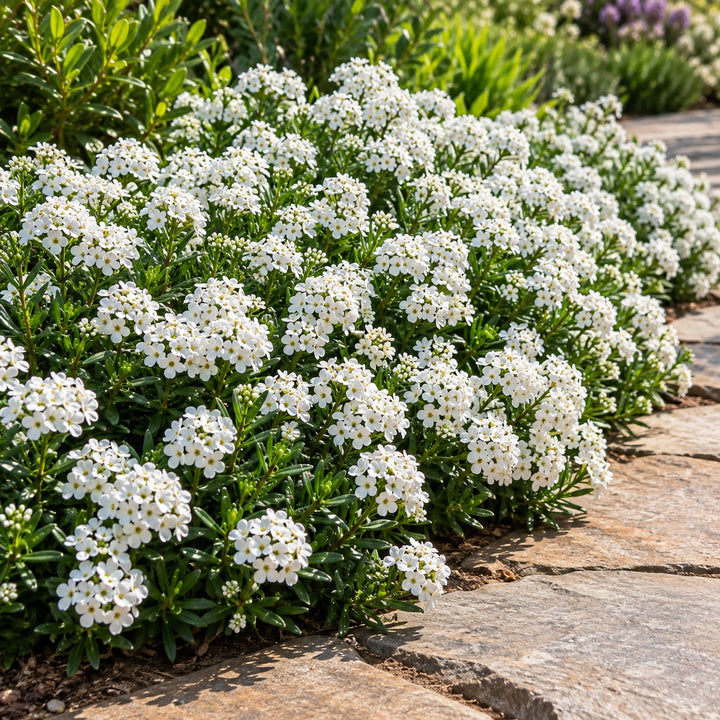 Snowflake candytuft with clusters of white flowers forming a low mound along a stone path