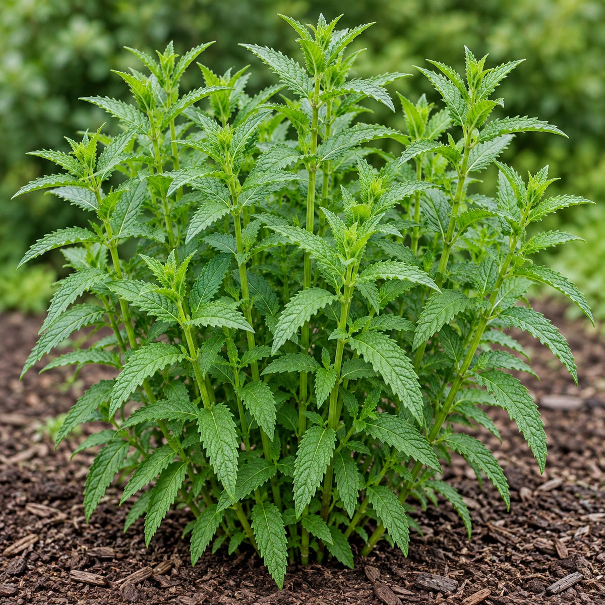 Spearmint (Mentha spicata) herb plant growing in a garden bed