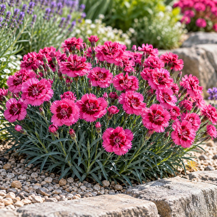 Spiked Punch dianthus with pink flowers and dark red centers by stone edging