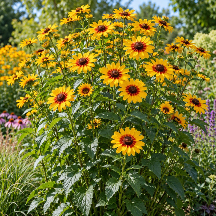 Sundial false sunflower (Heliopsis) with yellow petals and red-ringed centers on tall stems