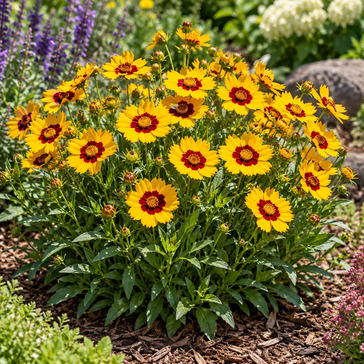 Uptick Yellow & Red coreopsis with yellow flowers and red eyes in a mulched garden bed