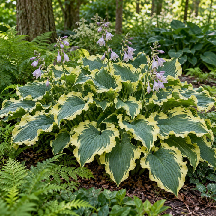 Voices in the Wind hosta with wavy green leaves edged in cream and lavender flowers