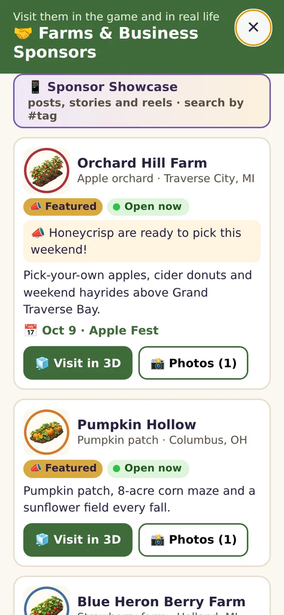 The Farms and Business Sponsors directory with Featured and Open now badges