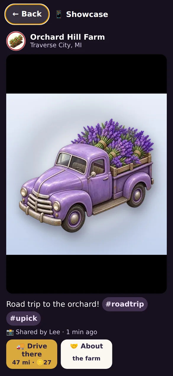 A visitor’s post from a road trip, with Drive there and About the farm buttons