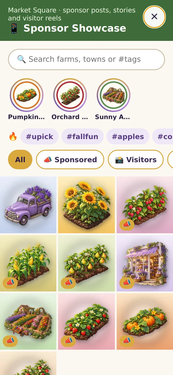 The Sponsor Showcase: a grid of posts from farms, with stories at the top