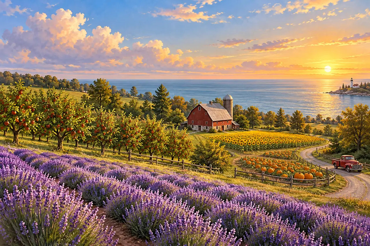 Painted countryside of lavender rows, an orchard, a red barn and a Great Lakes shoreline