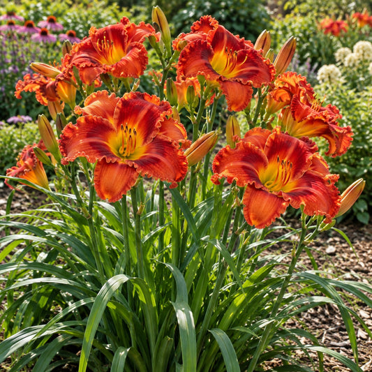 Alabama Jubilee Daylily: Fiery Red-Orange Behind Purple Lavender