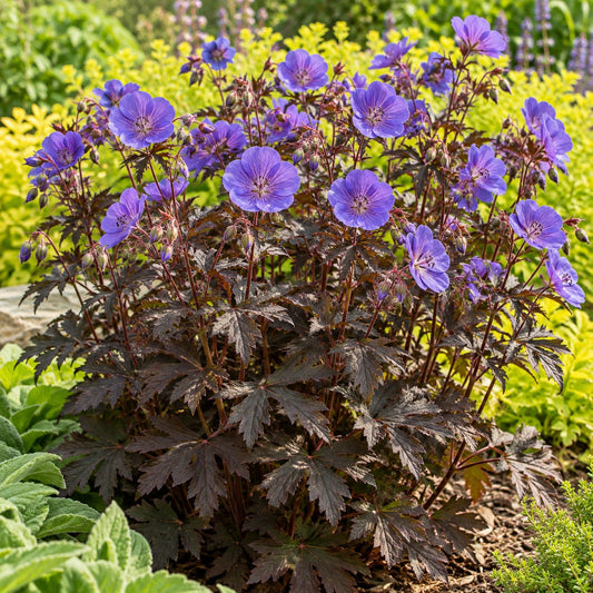 Boom Chocolatta Hardy Geranium: Dark Leaves, Blue-Purple Saucers