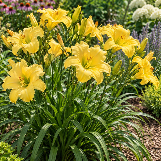 Buttered Popcorn Daylily: Big Fragrant Yellow Behind Lavender