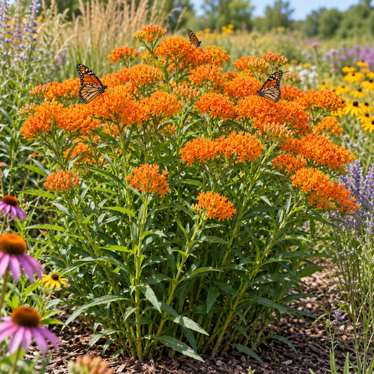 Butterfly Weed: Tangerine Orange and Monarchs Beside Lavender